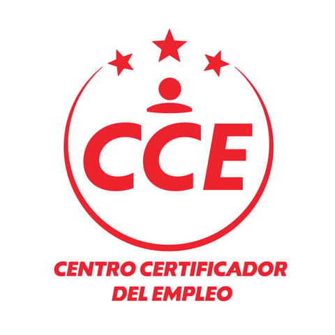 CCE logo with three red stars above a person silhouette and circular red border, Centro Certificador del Empleo text below
